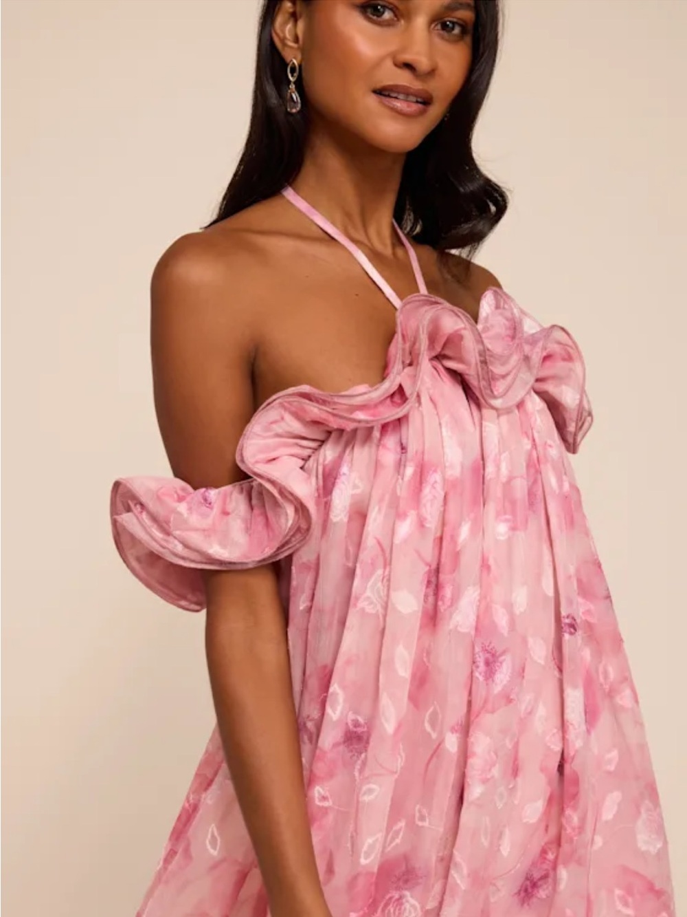 Lulus Amia Pink Floral Ruffled Halter Maxi Dress